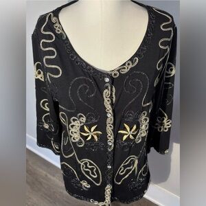Lauren Michelle Dress Jacket Topper Rhinestone Holiday Festive Black Gold XL